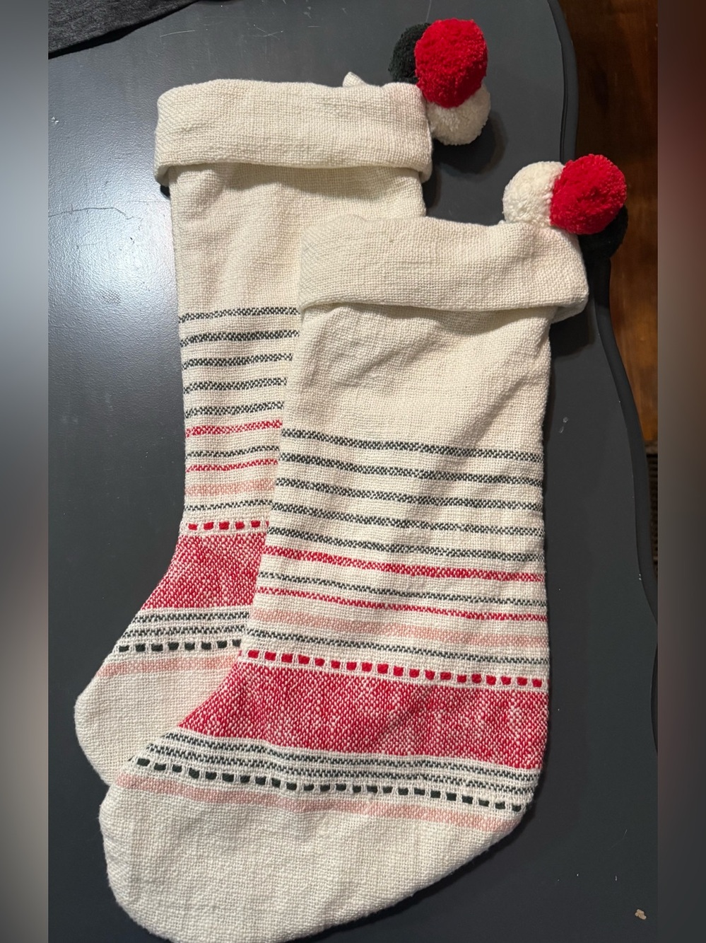 Set of 2 Hearth & Hand Magnolia Woven Multi Stripe Holiday Stockings with Poms